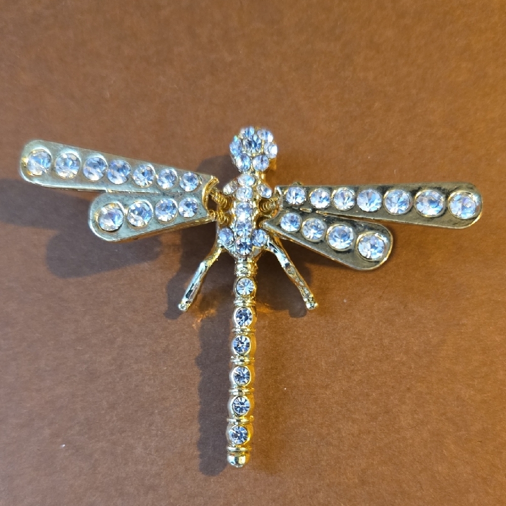 Gold Dragonfly Brooch With Clear Rhinestones